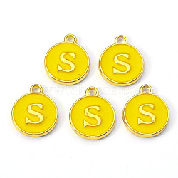 Golden Plated Alloy Enamel Charms, Enamelled Sequins, Flat Round with Letter, Gold, Letter.S, 14x12x2mm, Hole: 1.5mm(ENAM-S118-09S)