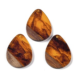 Resin & Wood Pendants, Teardrop Charms, Saddle Brown, 35.5x26.5x3mm, Hole: 2mm(WOOD-F015-07H)