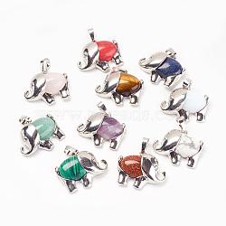 Natural & Synthetic Mixed Stone Pendants, with Brass Findings, Elephant, Platinum, 22.5x27x8mm, Hole: 5x8mm(G-G713-E)