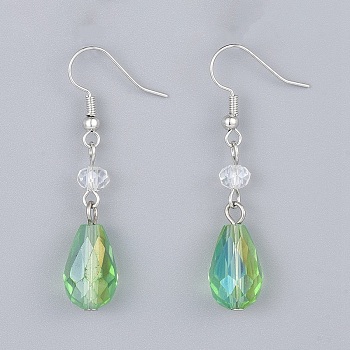 Electroplate Glass Dangle Earrings, with Brass Earring Hooks, Lime Green, 47~50mm, Pin: 0.6mm 