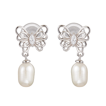 Natural Pearl Ear Studs, with Sterling Silver Micro Pave Clear Cubic Zirconia Findings, Butterfly & Oval, Platinum, 21x12mm