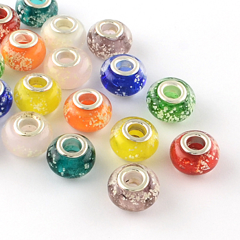 Glow In The Dark Handmade Luminous Style Lampwork Large Hole European Beads, with Silver Color Plated Brass Cores, Rondelle, Mixed Color, 14x9~10mm, Hole: 5mm