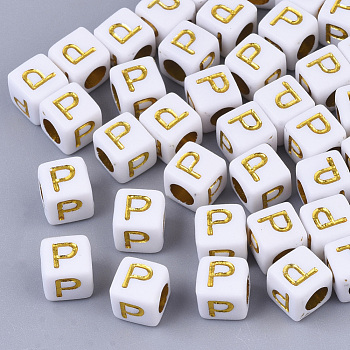 Plating Acrylic Beads, Horizontal Hole, Golden Metal Enlaced, Alphabet Style, Cube, Letter.P, 5.5~6x5.5~6x5.5~6mm, Hole: 3.5mm, about 3000pcs/500g