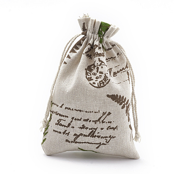 Polycotton(Polyester Cotton) Packing Pouches Drawstring Bags, with Printed Leaf and Word, Coconut Brown, 18x13cm