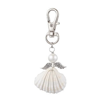 Angel Alloy & Wire Wrapped Natural Shell Pendant Decorations, Swivel Clasps Charms for Bag Ornaments, Antique Silver & Platinum, 73mm