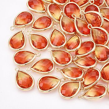 Glass Pendants, with Golden Tone Brass Findings, Faceted, teardrop, Orange Red, 19x12x6mm, Hole: 1~1.5mm