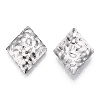 304 Stainless Steel Pendants, Textured, Rhombus Charm, Stainless Steel Color, 19x15x2.5mm, Hole: 1.2mm