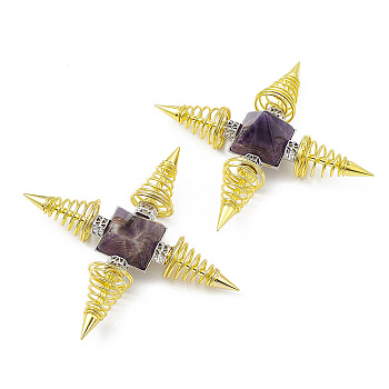 Golden Brass Spritual Energy Generator, with Natural Amethyst Pyramid and Conductive Coils, for Body Healing, Reiki Balancing Chakras, Aura Cleansing, Protection, Darts, 113.5x113.5x32mm