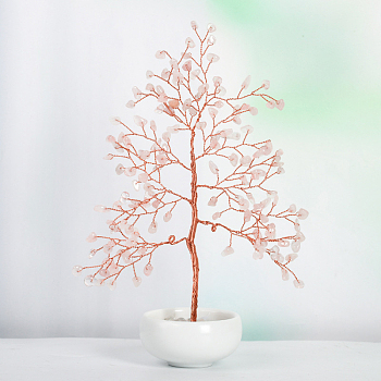 Undyed Natural Rose Quartz Chips Tree of Life Display Decorations, with Porcelain Bowls, Copper Wire Wrapped Feng Shui Ornament for Fortune, 145x205mm