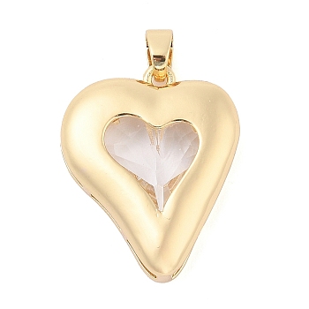 Rack Plating Brass Pendants, Heart Shaped Glass Charms, Long-Lasting Plated, Cadmium Free & Lead Free, Real 18K Gold Plated, Clear, 26x21x6mm, Hole: 3x5.5mm