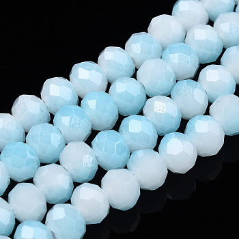 Two-Tone Imitation Jade Glass Beads Strands, Faceted, Rondelle, Sky Blue, 6x5mm, Hole: 1.4mm, about 85~90pcs/strand, 15.35 inch~16.34 inch(39~41.5cm)