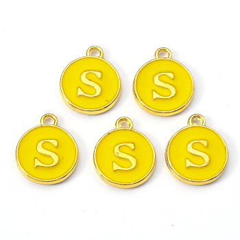 Golden Plated Alloy Enamel Charms, Enamelled Sequins, Flat Round with Letter, Gold, Letter.S, 14x12x2mm, Hole: 1.5mm