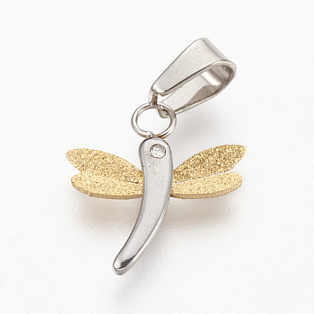 304 Stainless Steel Textured Pendants, with Rhinestone, Dragonfly, Golden & Stainless Steel Color, 17x15.5x2mm, Hole: 4x6mm