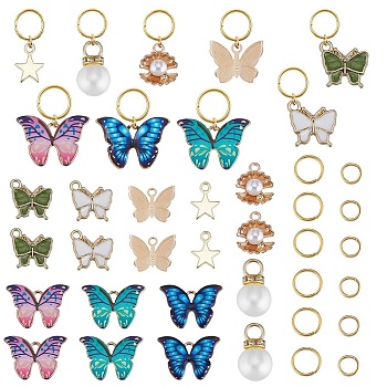 Alloy Pendants, with Enamel, Brass Jump Rings and 304 Stainless Steel Open Jump Rings, Butterfly, for Hair Styling Tool, Mixed Color, 11~15.5x13.5~22x2~3mm, Hole: 1.5~1.8mm