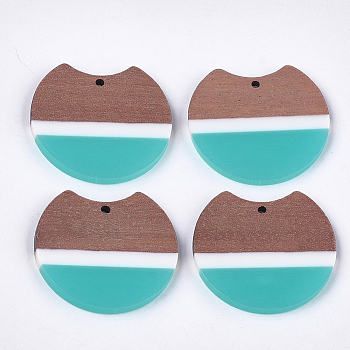 Tri-color Resin & Walnut Wood Pendants, Gap Flat Round, Medium Turquoise, 34x36.5x3.5mm, Hole: 2mm