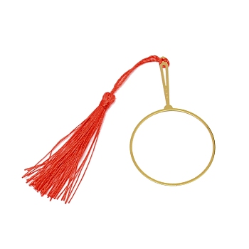Chinese Ancient Hand Fan Shape Brass Wire Wrap Metal Bookmark with Tassel for Book Lover, Golden, Red, 205mm