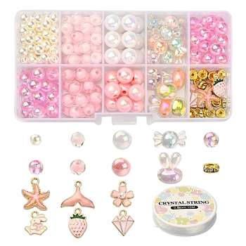 DIY Cute Stretch Bracelet Making Kit, Including Imitation Pearl & Candy Acrylic Beads, Rabbit & Sakura & Strawberry & Whale Tail & Diamond Alloy Enamel Pendants, Pink, 6mm, Hole: 2mm