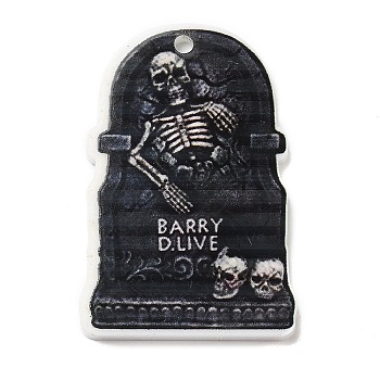 Halloween Themed Opaque Acrylic Pendants, Tombstone with Skeleton Charms, Black, 37.5~38x23.5~25.5x2~5mm, Hole: 2mm