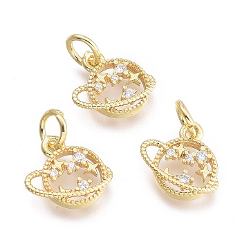 Brass Micro Pave Cubic Zirconia Pendants, with Jump Ring, Planet with Star, Clear, Real 18K Gold Plated, 10.5x10.5x1.8mm, Ring: 5x0.7mm, Hole: 3.3mm