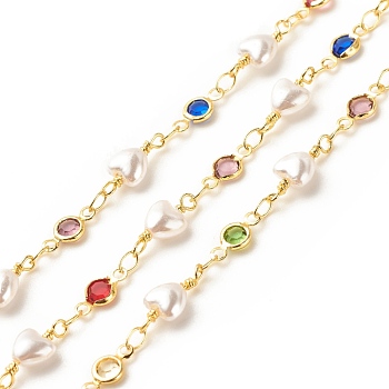 Brass Glass Flat Round Link Chains, with ABS Heart Beaded, Long-Lasting Plated, Soldered, with Spool, Colorful, 10x5x2mm, 14~15x6x4mm