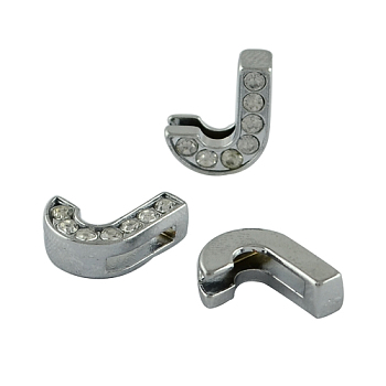 Alloy Initial Slide Charms with Grade A Rhinestones, Lead Free & Nickel Free, Platinum, Letter.J, 12~13x8~13x4~5mm, Hole: 8x2mm