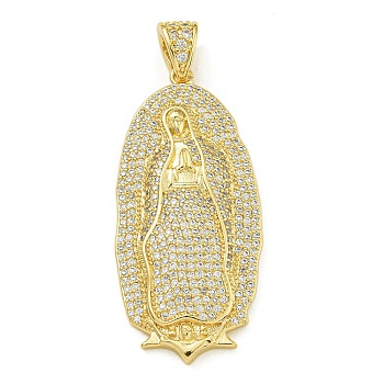 Virgin Mary Theme Rack Plating Brass Micro Pave Clear Cubic Zirconia Pendants, Long-Lasting Plated, Lead Free & Cadmium Free, Real 18K Gold Plated, Oval, Oval, 41x19.5x4mm, Hole: 4.5x3.5mm