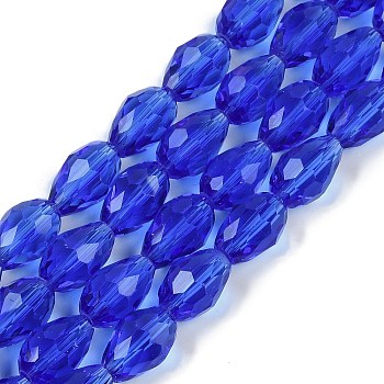 Transparent Glass Beads Strands, Faceted, Teardrop, Medium Blue, 5~6x4mm, Hole: 0.9mm, about 65~67pcs/strand, 15.35~16.14 inch(39~41cm)