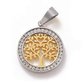 304 Stainless Steel Pendants, with Crystal Rhinestone, Flat Round with Tree, Golden & Stainless Steel Color, 28x24x3mm, Hole: 5x8mm