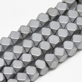 Electroplate Non-magnetic Synthetic Hematite Beads Strands, Matte Style, Polygon, Platinum Plated, 4x4x4mm, Hole: 2mm, about 97pcs/strand, 15.7 inch