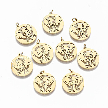 304 Stainless Steel Pendants, Laser Cut, with Jump Rings, Flat Round with Elephant, Real 18K Gold Plated, 15.5x14x1mm, Jump Ring: 3x0.4mm, 2.2mm inner diameter