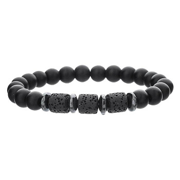 Round Natural Obsidian & Colunm Lava Rock & Synthetic Non-magnetic Hematite Stretch Beaded Bracelet for Women Men