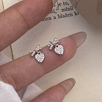 Heart with Bowknot 925 Sterling Silver Micro Pave Clear Cubic Zirconia Dangle Stud Earrings, Platinum, 10x7.5mm(EJEW-C176-03P)