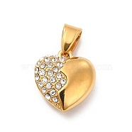 304 Stainless Steel Pendants, with Crystal Rhinestone, Heart Charms, Golden, 18.5x17x7.5mm, Hole: 7x4.5mm(STAS-K243-26G)