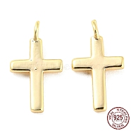 925 Sterling Silver Charms, with Jump Rings, Cross, with S925 Stamp, Real 18K Gold Plated, 10x5.5x2mm, Hole: 1.2mm(STER-Q190-07G)