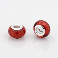 Large Hole Rondelle Resin European Beads, with Silver Color Plated Brass Cores, Red, 14x9mm, Hole: 5mm(RPDL-J008-04)