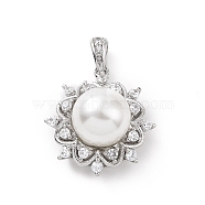 Eco-friendly Rack Plating Brass Micro Pave Cubic Zirconia Pendants, with ABS Platic Imitation Pearls, Cadmium Free & Lead Free, Long-Lasting Plated, Flower Charm, Platinum, 20.5x18.5x11.5mm, Hole: 2.5x3.5mm(KK-F843-17P)