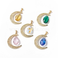 Alloy Pendants, with Faceted Glass Teardrop, Crescent Moon Charm, Mixed Color, 40.5x35x7mm, Hole: 7x3.5mm(PALLOY-JF01985)