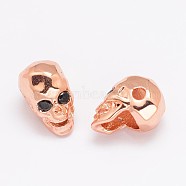Eco-Friendly Brass Micro Pave Cubic Zirconia Beads, Skull, Lead Free & Nickel Free & Cadmium Free, Real Rose Gold Plated, 13x8x9.5mm, Hole: 2mm(ZIRC-P017-11RG-NR)