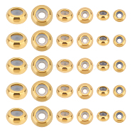 30Pcs 3 Style 202 Stainless Steel Beads, with Rubber Inside, Slider Beads, Stopper Beads, Rondelle, Golden, 6~10x3~5mm, Hole: 3~5mm, Rubber Hole: 2~3.5mm, 10pcs/style(STAS-UN0039-17)