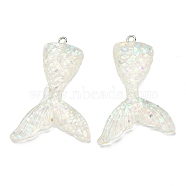 (Defective Closeout Sale: Yellowing), Resin Pendants, with Glitter Powder and Iron Findings, Mermaid Tail Shape, Platinum, White, 43x30.5x6mm, Hole: 1.8mm(CRES-XCP0002-02P-A)
