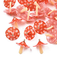 Plastic Pendants, with Acrylic and Golden Plated Brass Loops, Mushroom, Orange Red, 23x22~23mm, Hole: 1.5mm(KY-N015-118C-01)