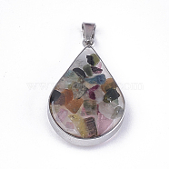 Natural Tourmaline Pendants, with Glass and 304 Stainless Steel Findings, teardrop, Stainless Steel Color, 26.5~27x17~17.5x6.5~7mm, Hole: 3x5.5mm(STAS-T043-02H)