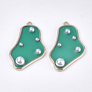Alloy Pendants, with ABS Plastic Imitation Pearl and Epoxy Resin, Light Gold, Dark Cyan, 37x24x6mm, Hole: 1.6mm(CRES-T014-30A)