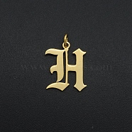 201 Stainless Steel Pendants, with Jump Ring, Old English, Letter, Laser Cut, Golden, Letter.H, 16.5x13.5x1mm, Hole: 3mm(STAS-R111-JA566-H)
