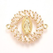 Brass Micro Pave Cubic Zirconia Links, Flat Round with Guan Yin, Goddess of Mercy, Clear, Golden, 17.5x22x2.5mm, Hole: 1mm(ZIRC-K078-56G)