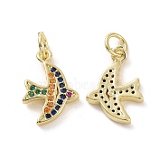 Brass Micro Pave Cubic Zirconia Charms, with Jump Ring, Real 18K Gold Plated, Bird, Colorful, 15x10x2mm, Jump Ring: 5x0.8mm, Inner Diameter: 3.2mm(KK-E068-VF116)