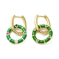 Real 18K Gold Plated Brass Ring Dangle Hoop Earrings, with Enamel and Cubic Zirconia, Green, 21x12.5mm(EJEW-L268-019G-01)