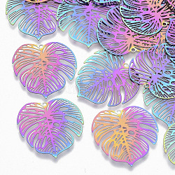 Ion Plating(IP) 201 Stainless Steel Filigree Pendants, Etched Metal Embellishments, Tropical Leaf Charms, Monstera Leaf, Rainbow Color, 26x26x0.3mm, Hole: 1.2mm(X-STAS-R102-08)