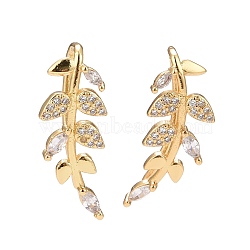 Cubic Zirconia Leaf Dangle Earrings, Real 18K Gold Plated Brass Jewelry for Women, Lead Free & Cadmium Free, Clear, 22x9mm, Pin: 1mm(EJEW-A069-07G)