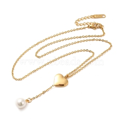 Vacuum Plating 304 Stainless Steel Heart Pendant Lariat Necklace, with Natural Shell, Golden, 15.75 inch(40cm)(NJEW-G125-03G)